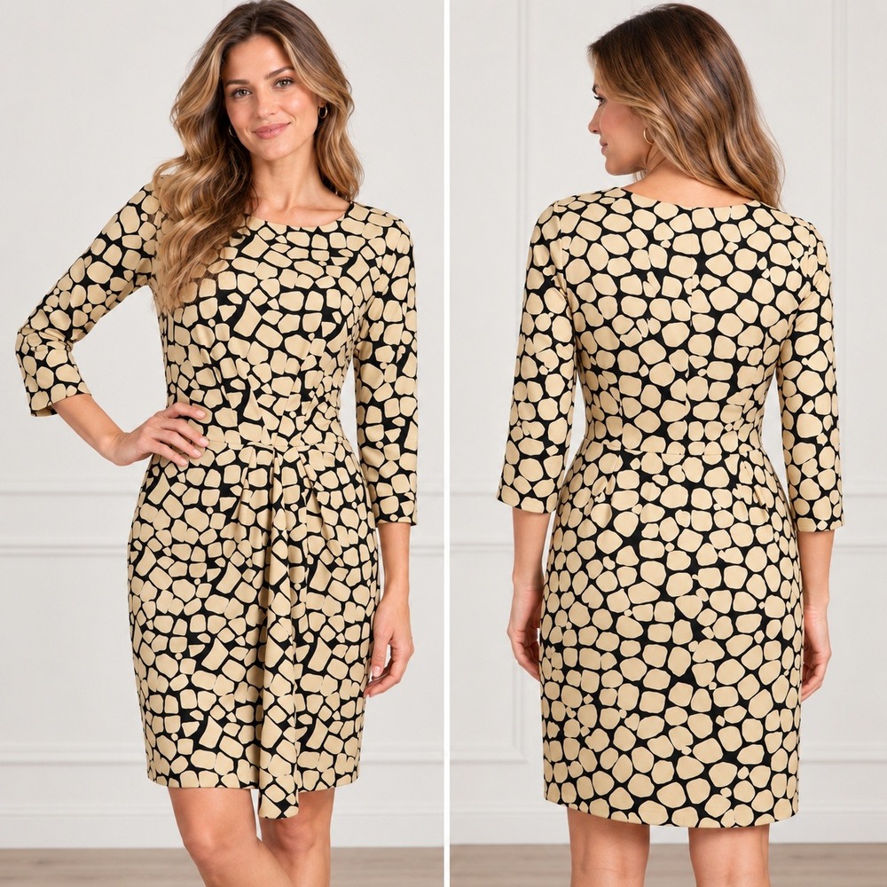 J.McLaughlin Sheath Dress Womens M Tan Black Geometric Career 3/4 Sleeve Work